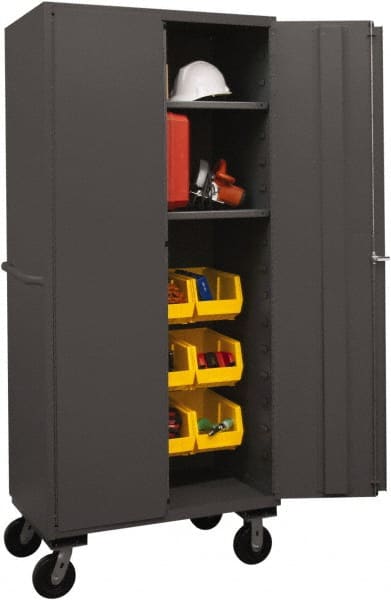 Durham - 2 Shelf 12 Bin Mobile Storage Cabinet - Steel, 36" Wide x 24" Deep x 80" High, Yellow - Exact Tooling