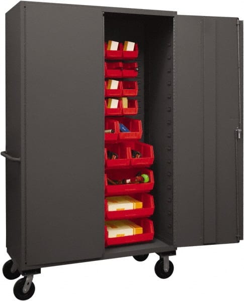 Durham - 42 Bin Mobile Storage Cabinet - Steel, 48" Wide x 24" Deep x 80" High, Red - Exact Tooling