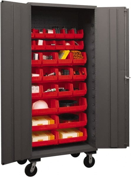 Durham - 30 Bin Mobile Storage Cabinet - Steel, 36" Wide x 24" Deep x 80" High, Red - Exact Tooling