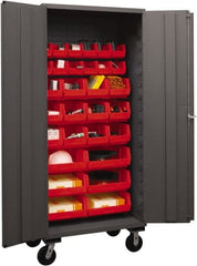 Durham - 30 Bin Mobile Storage Cabinet - Steel, 36" Wide x 24" Deep x 80" High, Red - Exact Tooling