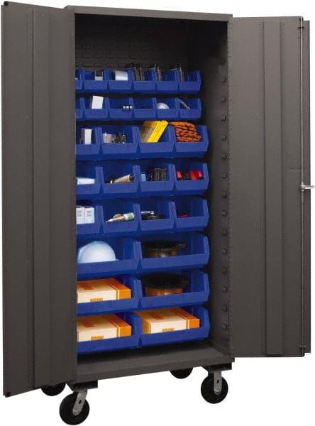 Durham - 30 Bin Mobile Storage Cabinet - Steel, 36" Wide x 24" Deep x 80" High, Blue - Exact Tooling