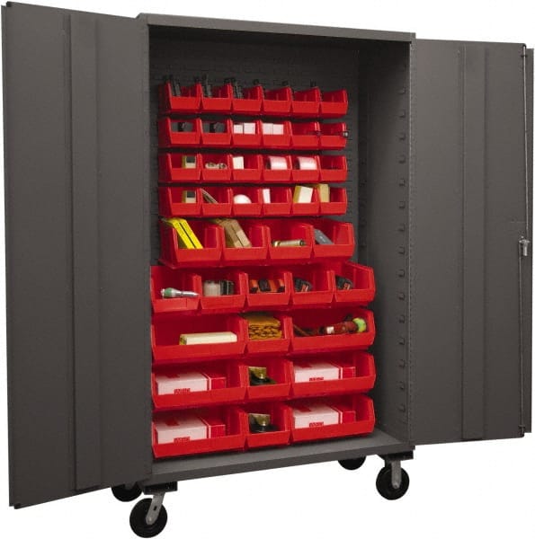 Durham - 42 Bin Mobile Storage Cabinet - Steel, 48" Wide x 24" Deep x 80" High, Red - Exact Tooling