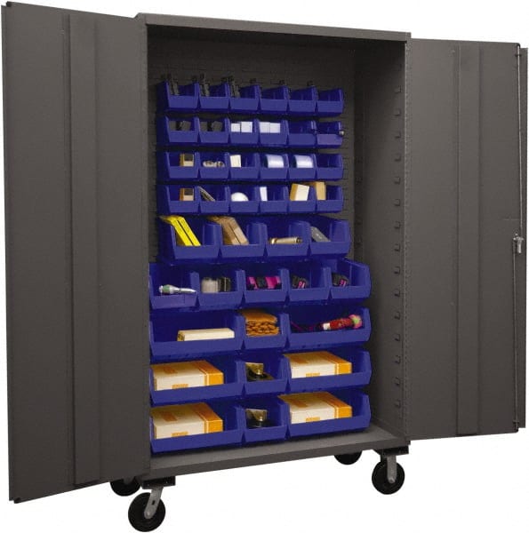 Durham - 42 Bin Mobile Storage Cabinet - Steel, 48" Wide x 24" Deep x 80" High, Blue - Exact Tooling