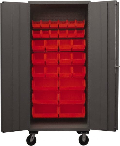 Durham - 30 Bin Mobile Storage Cabinet - Steel, 36" Wide x 24" Deep x 80" High, Red - Exact Tooling