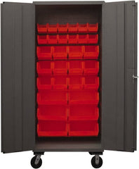 Durham - 30 Bin Mobile Storage Cabinet - Steel, 36" Wide x 24" Deep x 80" High, Red - Exact Tooling