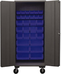 Durham - 30 Bin Mobile Storage Cabinet - Steel, 36" Wide x 24" Deep x 80" High, Blue - Exact Tooling