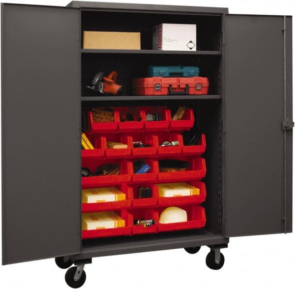 Durham - 2 Shelf 18 Bin Mobile Storage Cabinet - Steel, 48" Wide x 24" Deep x 80" High, Red - Exact Tooling