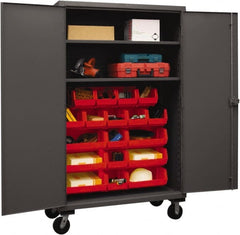 Durham - 2 Shelf 18 Bin Mobile Storage Cabinet - Steel, 48" Wide x 24" Deep x 80" High, Red - Exact Tooling