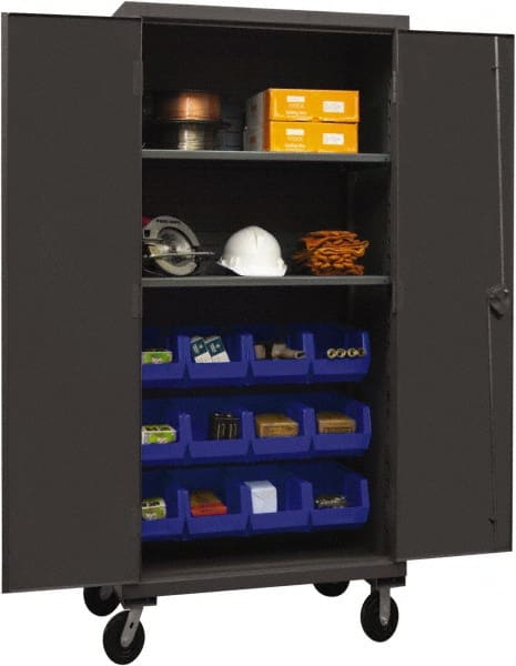 Durham - 2 Shelf 12 Bin Mobile Storage Cabinet - Steel, 36" Wide x 24" Deep x 80" High, Blue - Exact Tooling