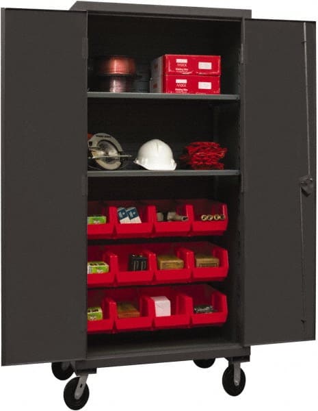 Durham - 2 Shelf 12 Bin Mobile Storage Cabinet - Steel, 36" Wide x 24" Deep x 80" High, Red - Exact Tooling