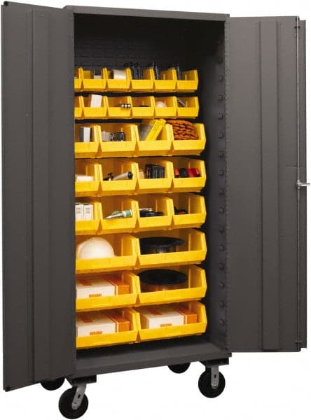 Durham - 30 Bin Mobile Storage Cabinet - Steel, 36" Wide x 24" Deep x 80" High, Yellow - Exact Tooling