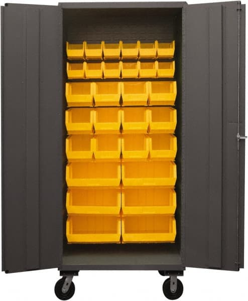 Durham - 30 Bin Mobile Storage Cabinet - Steel, 36" Wide x 24" Deep x 80" High, Yellow - Exact Tooling