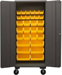 Durham - 30 Bin Mobile Storage Cabinet - Steel, 36" Wide x 24" Deep x 80" High, Yellow - Exact Tooling