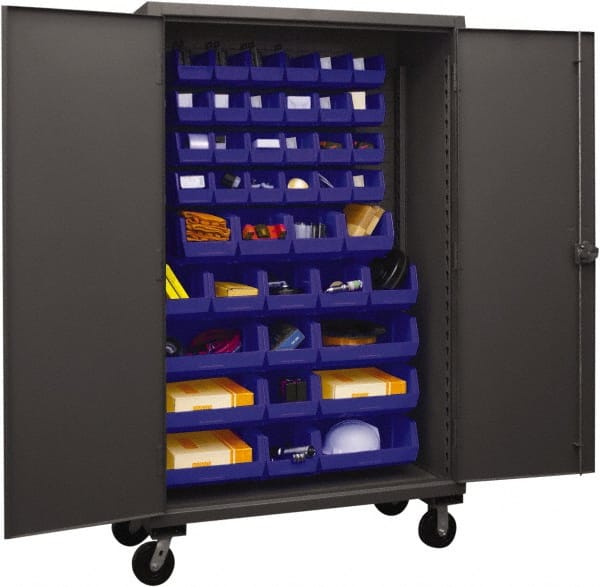 Durham - 42 Bin Mobile Storage Cabinet - Steel, 48" Wide x 24" Deep x 80" High, Blue - Exact Tooling