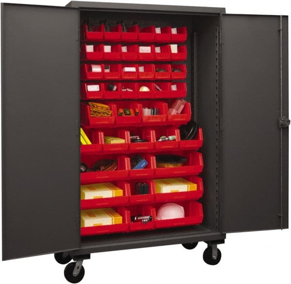 Durham - 42 Bin Mobile Storage Cabinet - Steel, 48" Wide x 24" Deep x 80" High, Red - Exact Tooling