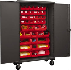 Durham - 42 Bin Mobile Storage Cabinet - Steel, 48" Wide x 24" Deep x 80" High, Red - Exact Tooling