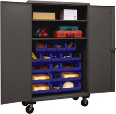 Durham - 2 Shelf 18 Bin Mobile Storage Cabinet - Steel, 48" Wide x 24" Deep x 80" High, Blue - Exact Tooling