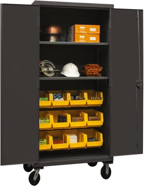 Durham - 2 Shelf 12 Bin Mobile Storage Cabinet - Steel, 36" Wide x 24" Deep x 80" High, Yellow - Exact Tooling