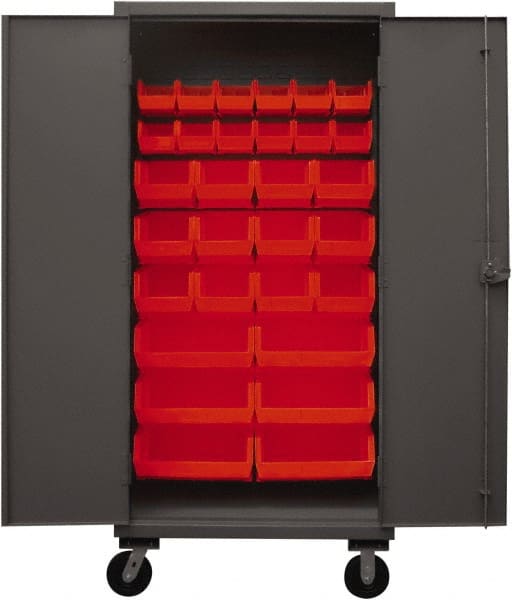 Durham - 30 Bin Mobile Storage Cabinet - Steel, 36" Wide x 24" Deep x 80" High, Red - Exact Tooling