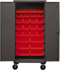 Durham - 30 Bin Mobile Storage Cabinet - Steel, 36" Wide x 24" Deep x 80" High, Red - Exact Tooling