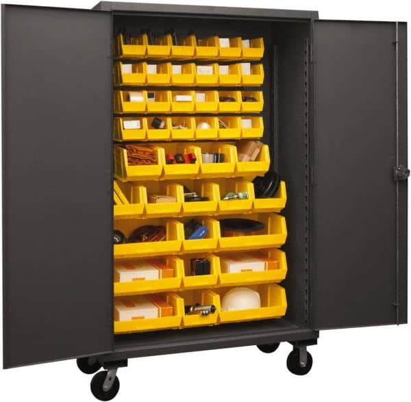 Durham - 42 Bin Mobile Storage Cabinet - Steel, 48" Wide x 24" Deep x 80" High, Yellow - Exact Tooling