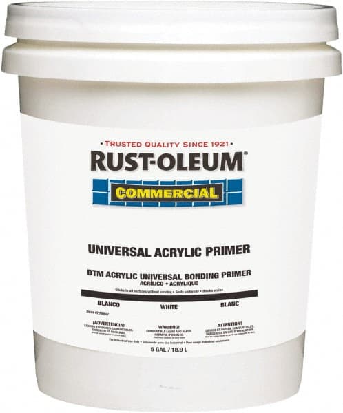 Rust-Oleum - 5 Gal White Water-Based Acrylic Enamel Primer - 350 to 450 Sq Ft Coverage, <100 gL Content, Quick Drying, Interior/Exterior - Exact Tooling