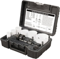 Disston - 9 Piece, 7/8" to 2-1/2" Saw Diam, Electrician's Hole Saw Kit - Bi-Metal, Toothed Edge, Pilot Drill Model No. E0102457, Includes 6 Hole Saws - Exact Tooling