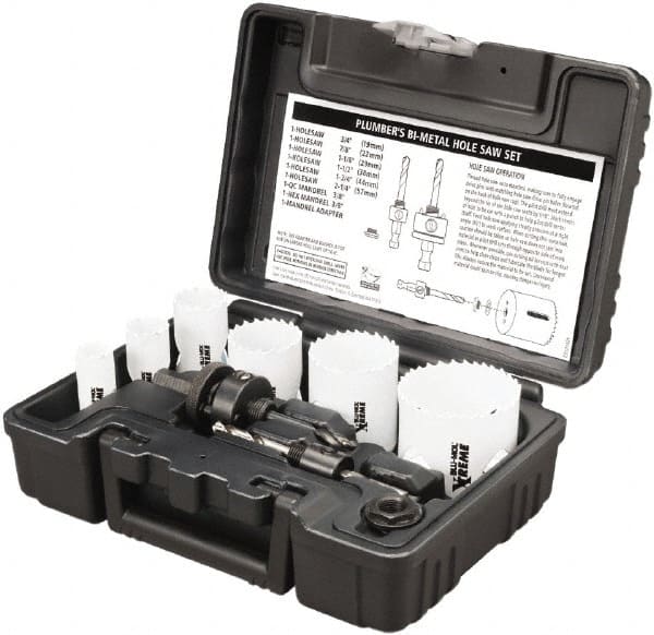 Disston - 9 Piece, 3/4" to 2-1/4" Saw Diam, Plumber's Hole Saw Kit - Bi-Metal, Toothed Edge, Pilot Drill Model No. E0102457, Includes 6 Hole Saws - Exact Tooling