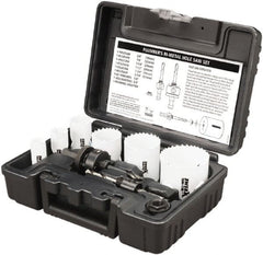 Disston - 9 Piece, 3/4" to 2-1/4" Saw Diam, Plumber's Hole Saw Kit - Bi-Metal, Toothed Edge, Pilot Drill Model No. E0102457, Includes 6 Hole Saws - Exact Tooling