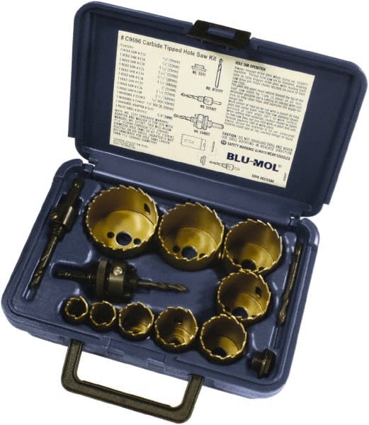 Disston - 9 Piece, 3/4" to 2-1/2" Saw Diam, Hole Saw Kit - Carbide-Tipped, Toothed Edge, Pilot Drill Model No. E0103107, Includes 9 Hole Saws - Exact Tooling
