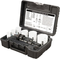 Disston - 9 Piece, 7/8" to 1-3/4" Saw Diam, Lockset Hole Saw Kit - Bi-Metal, Toothed Edge, Pilot Drill Model No. E0102457, Includes 6 Hole Saws - Exact Tooling