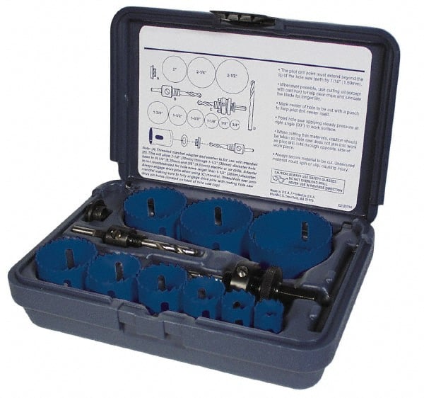 Disston - 7 Piece, 7/8" to 1-1/2" Saw Diam, General Purpose Hole Saw Kit - Bi-Metal, Toothed Edge, Pilot Drill Model No. E0102457, Includes 5 Hole Saws - Exact Tooling