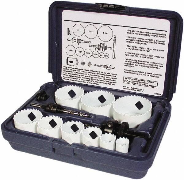 Disston - 13 Piece, 3/4" to 2-1/2" Saw Diam, Journeyman Hole Saw Kit - Bi-Metal, Toothed Edge, Pilot Drill Model No. E0102457, Includes 9 Hole Saws - Exact Tooling