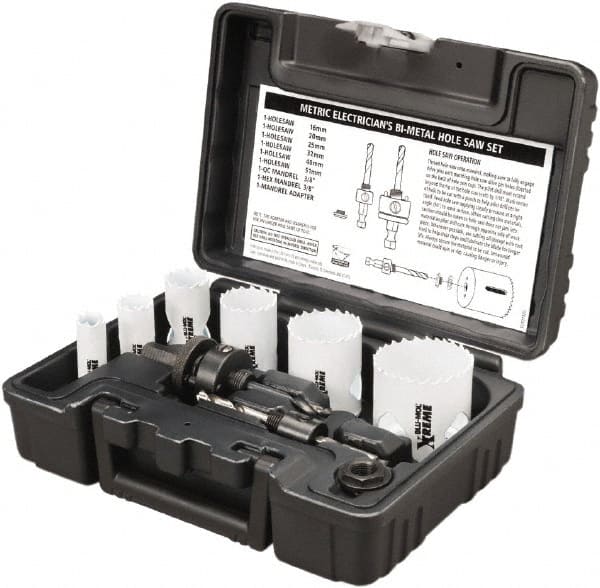 Disston - 9 Piece, 16mm to 51" Saw Diam, Electrician's Hole Saw Kit - Bi-Metal, Toothed Edge, Pilot Drill Model No. E0102457, Includes 6 Hole Saws - Exact Tooling