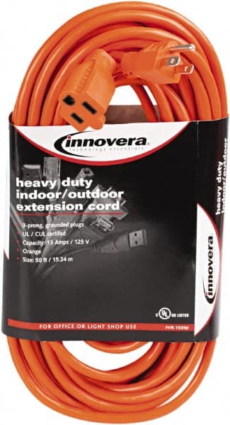 innovera - 50', 14/2 Gauge/Conductors, Orange Indoor & Outdoor Extension Cord - 1 Receptacle, 13 Amps, NEMA 5-15R - Exact Tooling
