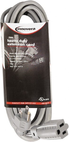 innovera - 15', 14/2 Gauge/Conductors, Gray Indoor Extension Cord - 1 Receptacle, 13 Amps, NEMA 5-15R - Exact Tooling
