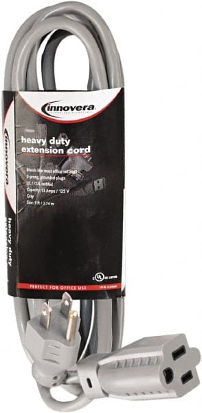 innovera - 9', 14/2 Gauge/Conductors, Gray Indoor Extension Cord - 1 Receptacle, 13 Amps, NEMA 5-15R - Exact Tooling
