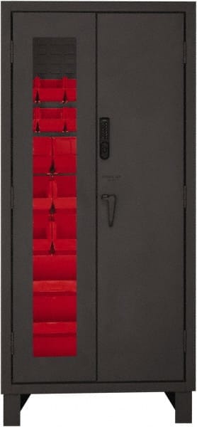 Durham - 30 Bin Locking Storage Cabinet - Steel, 36" Wide x 24" Deep x 78" High, Red - Exact Tooling