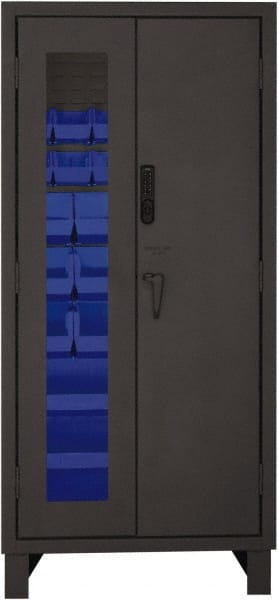 Durham - 30 Bin Locking Storage Cabinet - Steel, 36" Wide x 24" Deep x 78" High, Blue - Exact Tooling