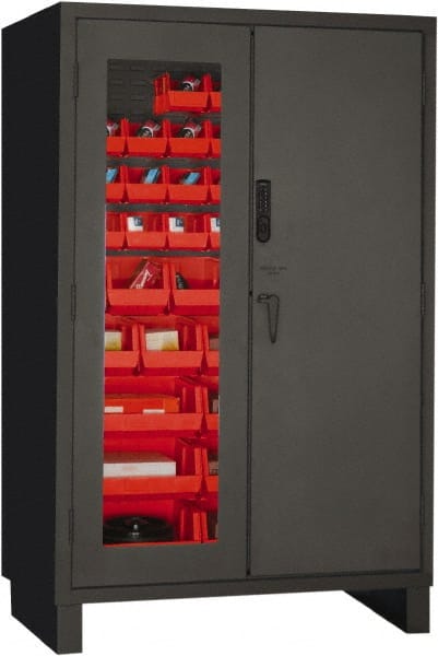 Durham - 42 Bin Locking Storage Cabinet - Steel, 48" Wide x 24" Deep x 78" High, Red - Exact Tooling