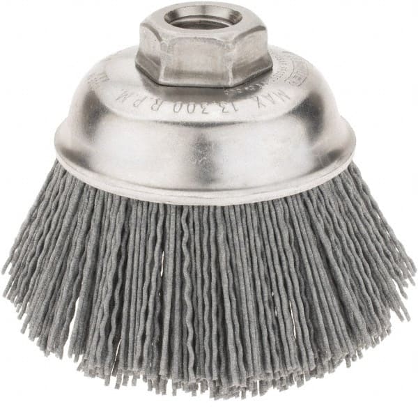 Weiler - 3-1/2" Diam, 5/8-11 Threaded Arbor Crimped Wire Nylon Cup Brush - Medium Grade, 0.035" Filament Diam, 12,000 Max RPM - Exact Tooling