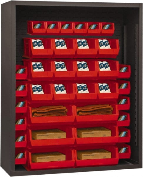 Durham - 42 Bin Enclosed Shelving - 48 Inch Overall Width x 18 Inch Overall Depth x 72 Inch Overall Height, Red Polyethylene Bins - Exact Tooling