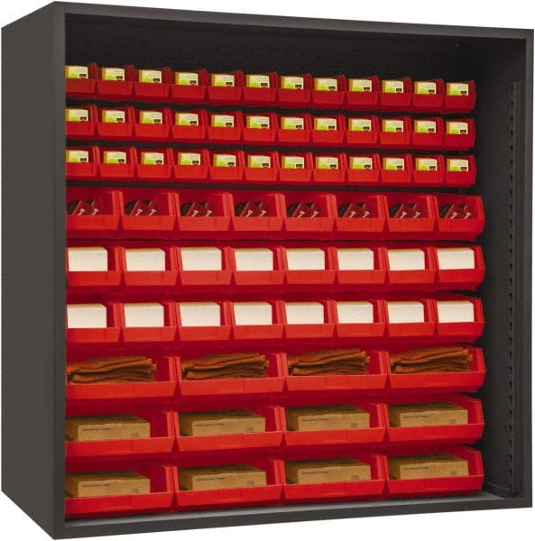 Durham - 72 Bin Enclosed Shelving - 72 Inch Overall Width x 24 Inch Overall Depth x 72 Inch Overall Height, Red Polyethylene Bins - Exact Tooling