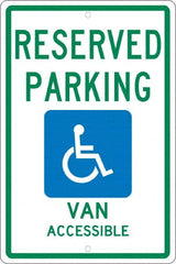NMC - "Reserved Parking Van Accessible", "Handicap Symbol", 12" Wide x 18" High, Aluminum ADA Signs - 0.063" Thick, Green & Blue on White, Rectangle, Post Mount - Exact Tooling