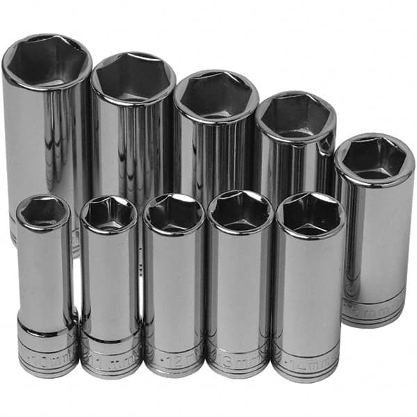 SK - 3/8" Drive Deep Socket Set - 10 to 19mm, Metric Measurement Standard - Exact Tooling