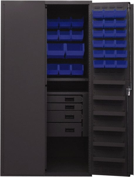 Durham - 2 Shelf 58 Bin Storage Cabinet - Steel, 36" Wide x 24" Deep x 72" High, Blue - Exact Tooling
