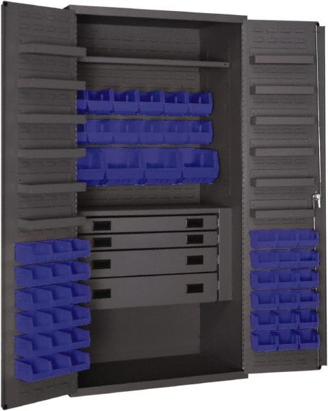 Durham - 2 Shelf 52 Bin Storage Cabinet - Steel, 36" Wide x 24" Deep x 72" High, Blue - Exact Tooling