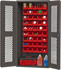 Durham - 45 Bin Storage Cabinet - Steel, 36" Wide x 18" Deep x 72" High, Red - Exact Tooling