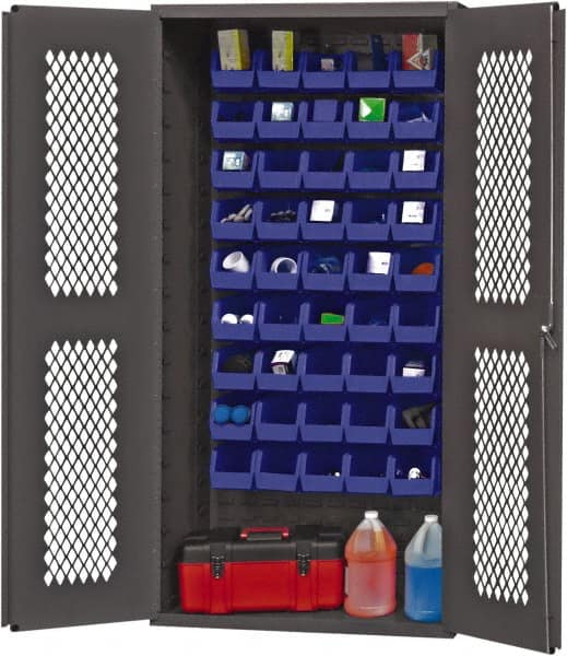 Durham - 45 Bin Storage Cabinet - Steel, 36" Wide x 24" Deep x 72" High, Blue - Exact Tooling