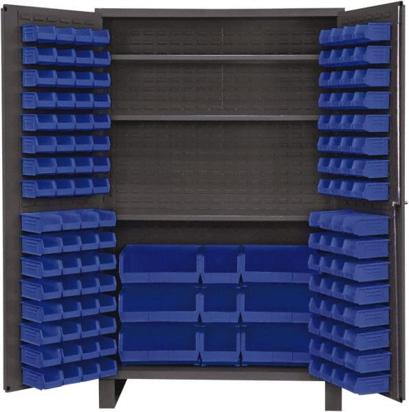 Durham - 3 Shelf 137 Bin Storage Cabinet - Steel, 48" Wide x 24" Deep x 78" High, Blue - Exact Tooling